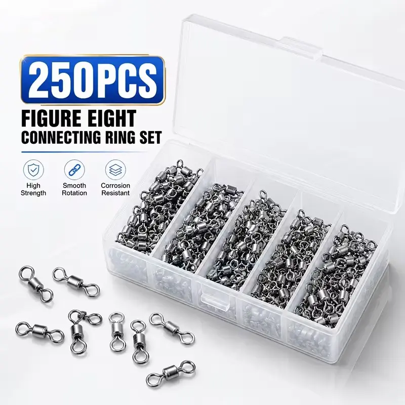 250PCS Fishing Barrel Swivel Set Stainless Steel Figure Eight Fishing Connectors 5 Sizes Tackle Swivels With Storage Box For Saltwater Freshwater Fishing Ball Bearing Swivel