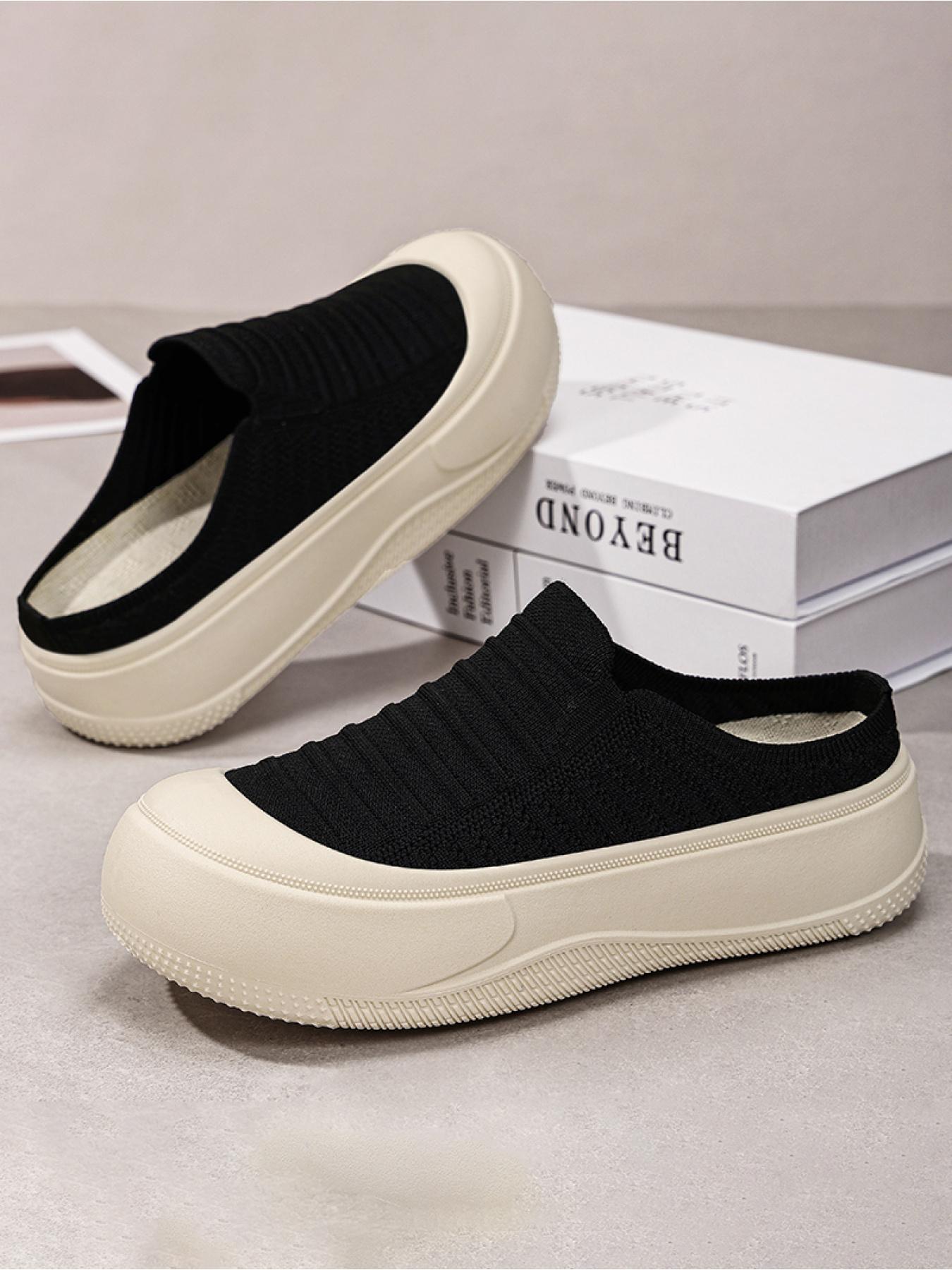YYW1 Women's Slip-On Casual Trainers, Breathable Flyknit Textile Shoes, Thick Sole, Lightweight PVC Plain Shoes for Daily Commute, Indoor-Outdoor Wear