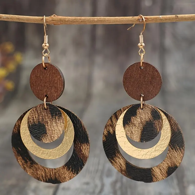 Women's Earrings, Stylish Vintage Design, Multiple Layers and Leopard Print Cutouts, Faux Leather, A Pair