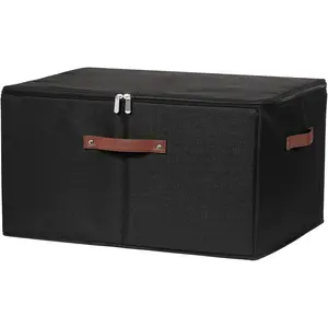 Storage Bins with Zipper Lid Cotton Linen Fabric Lidded Storage Baskets Boxes Foldable Washable Closet Shelf Clothes Organizer Container with PU Leather Handles (Black, Extra Large)