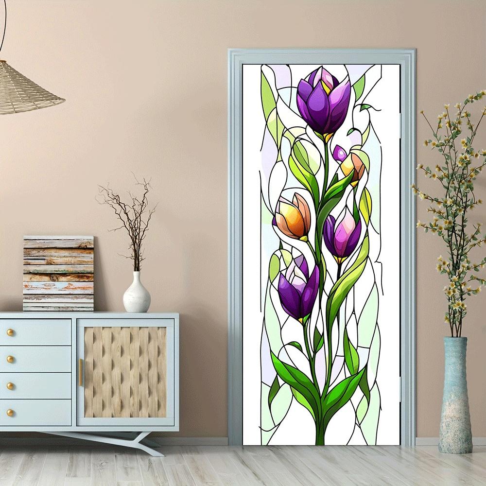 2pcs   Stained Glass Style Tulip Flower Wall Stickers for Home Decor Self Adhesive Removable Vinyl Decals for Living Room Bedroom Door Window Mural Art Decorations Purple Pink Green Floral Decor  C