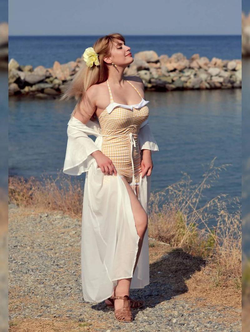 GINGHAM 1950S HALTER BOWKNOT ONE-PIECE WOMENSWEAR SWIMSUIT Swimoutfit Swimmingsuits