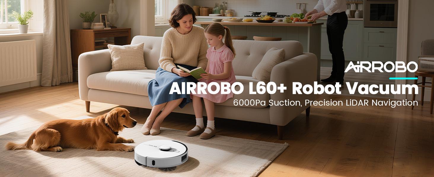 AIRROBO L60+ Self-Empty Robot Vacuum and Mop Cleaner with Ultrasonic Carpet Detection,6000Pa Suction,Laser Obstacle Avoidance,240min Long Runtime
