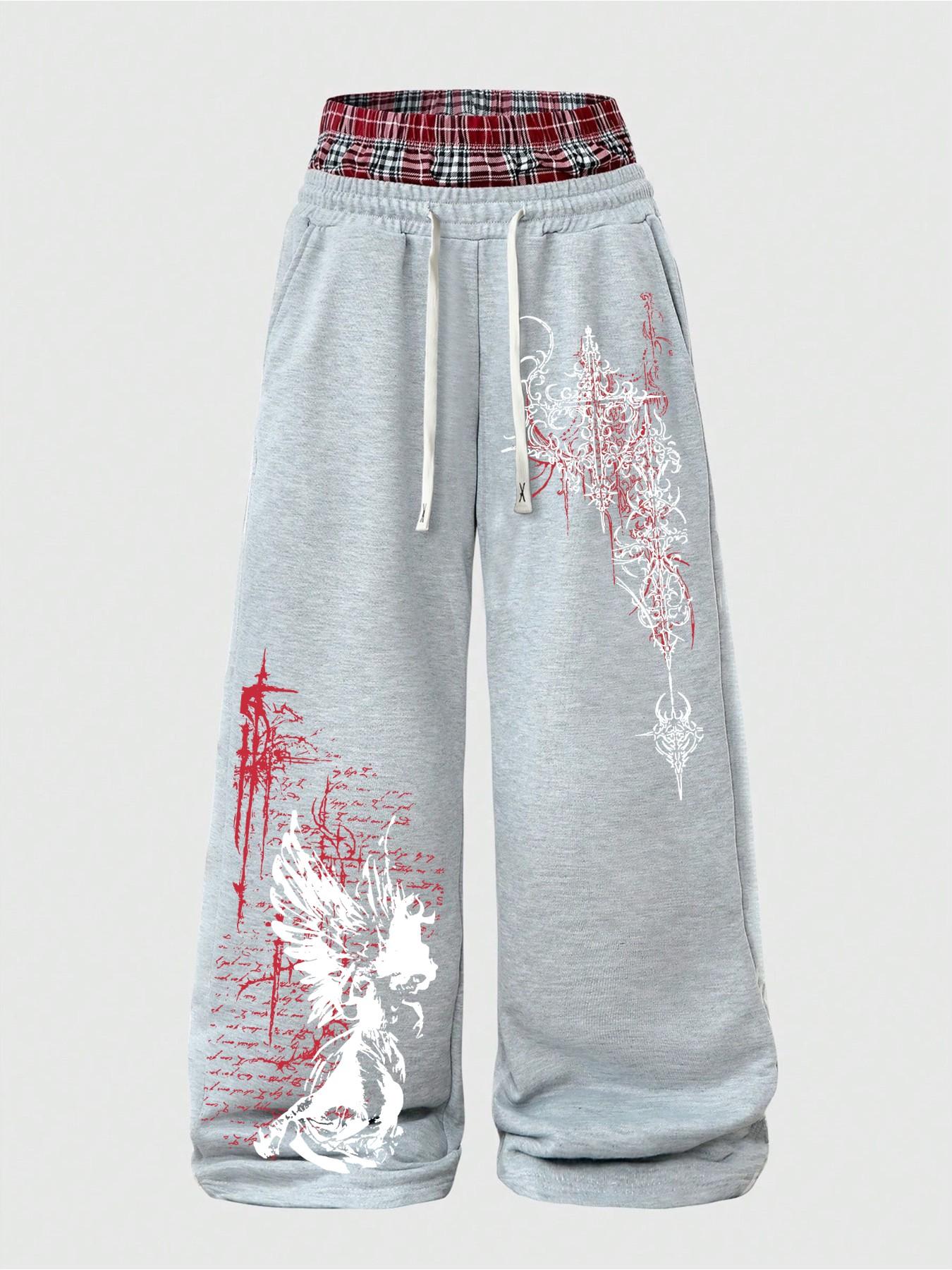Gothic Angel Cross Print Sweatpants for Men, Double Plaid Waist, Y2K Style Wide Leg Oversized Streetwear Trousers, Trendy Fashion Pants
