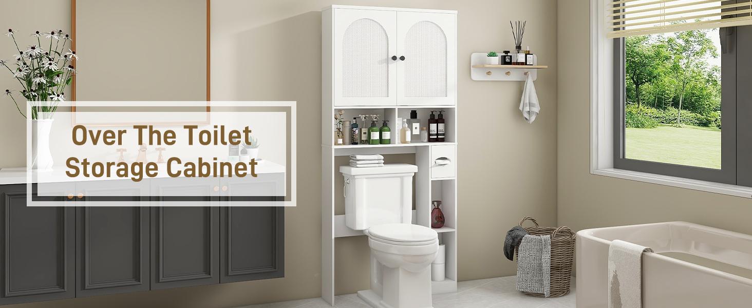 Vabches Rattan Toilet Storage Cabinet, Over Toilet Storage Wood Cabinet with 2 Doors & Toilet Paper Holder Stand, Bathroom Organizer Home Space Save Toilet Rack for Bathroom, Laundry, Restroom