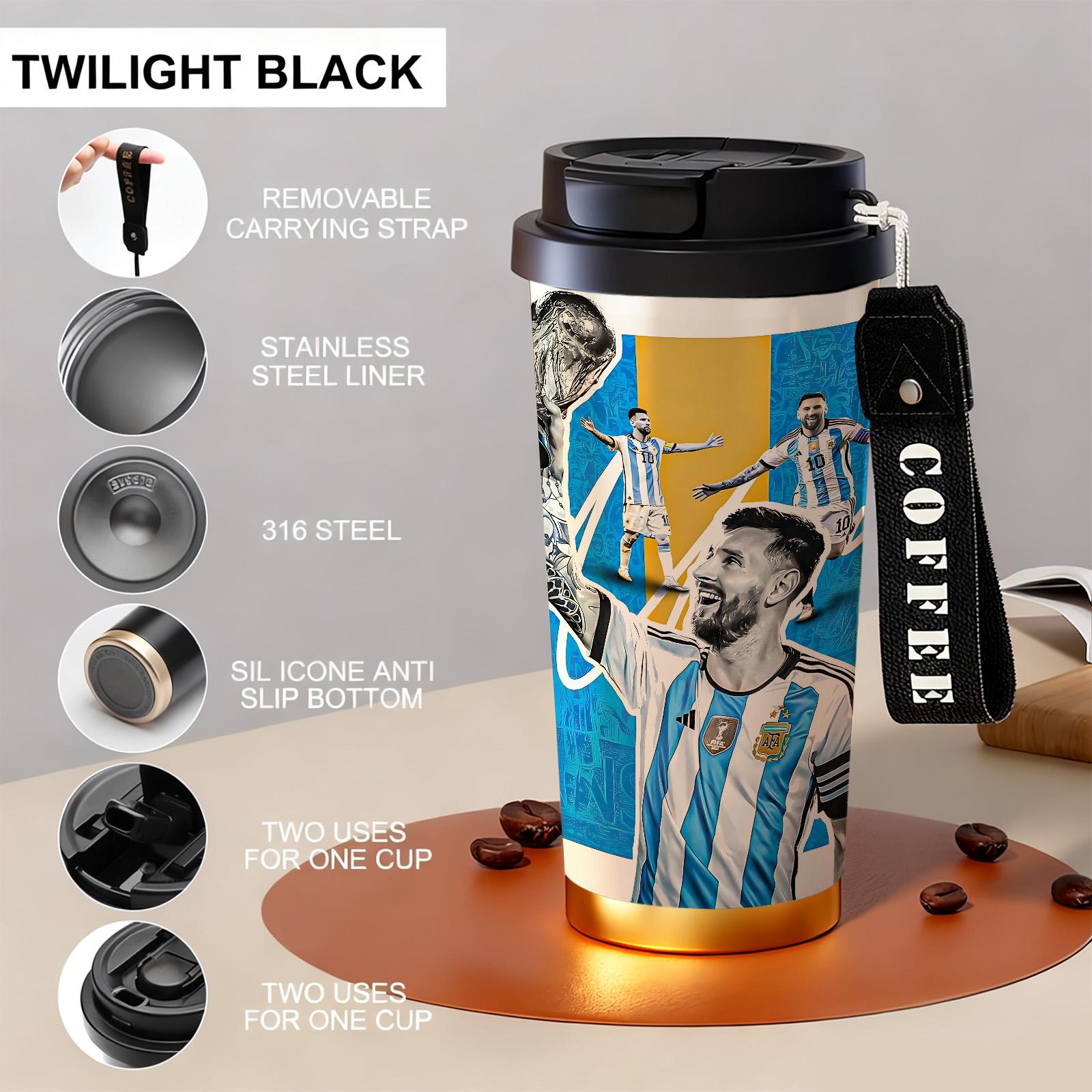 1 Pc insulated mug Messi Argentina champion vacuum cup, double wall stainless steel leak-proof travel coffee tumbler for hot cold drinks, keeps warm 12 h/cold 24 h, 18oz soccer fan thermal mug for women and men, world football lover holiday birthday gift