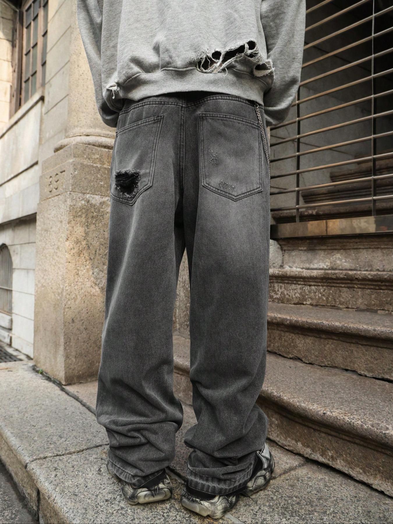 Men's Washed Loose Fit Jeans, Distressed Straight Leg Denim Jeans, Y2K Vintage Street Style, All Seasons, Perfect Gift for Boyfriend/husband, Streetwear