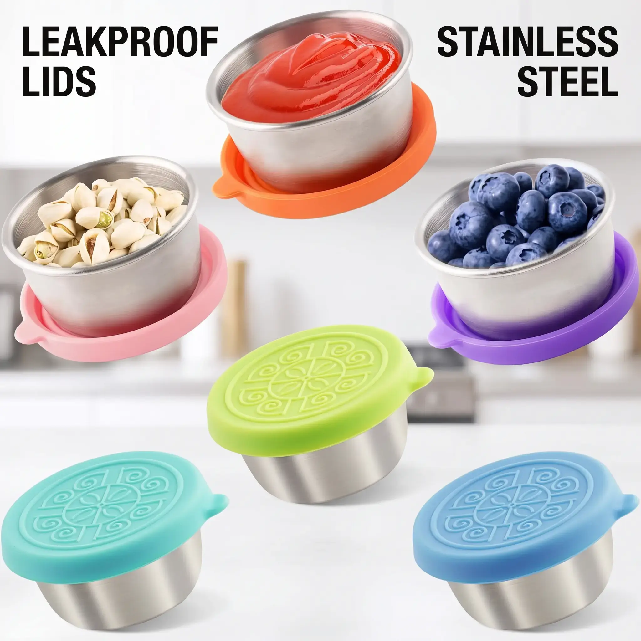 6/12 Piece Salad Takeout Containers, 1.7oz(50ml) Stainless Steel Sauce Cups with Leakproof Silicone Lids, Reusable Condiment Holders, Puree Food Storage, Preserving Containers, Sealable Container, Home Container, Airtight Food Container
