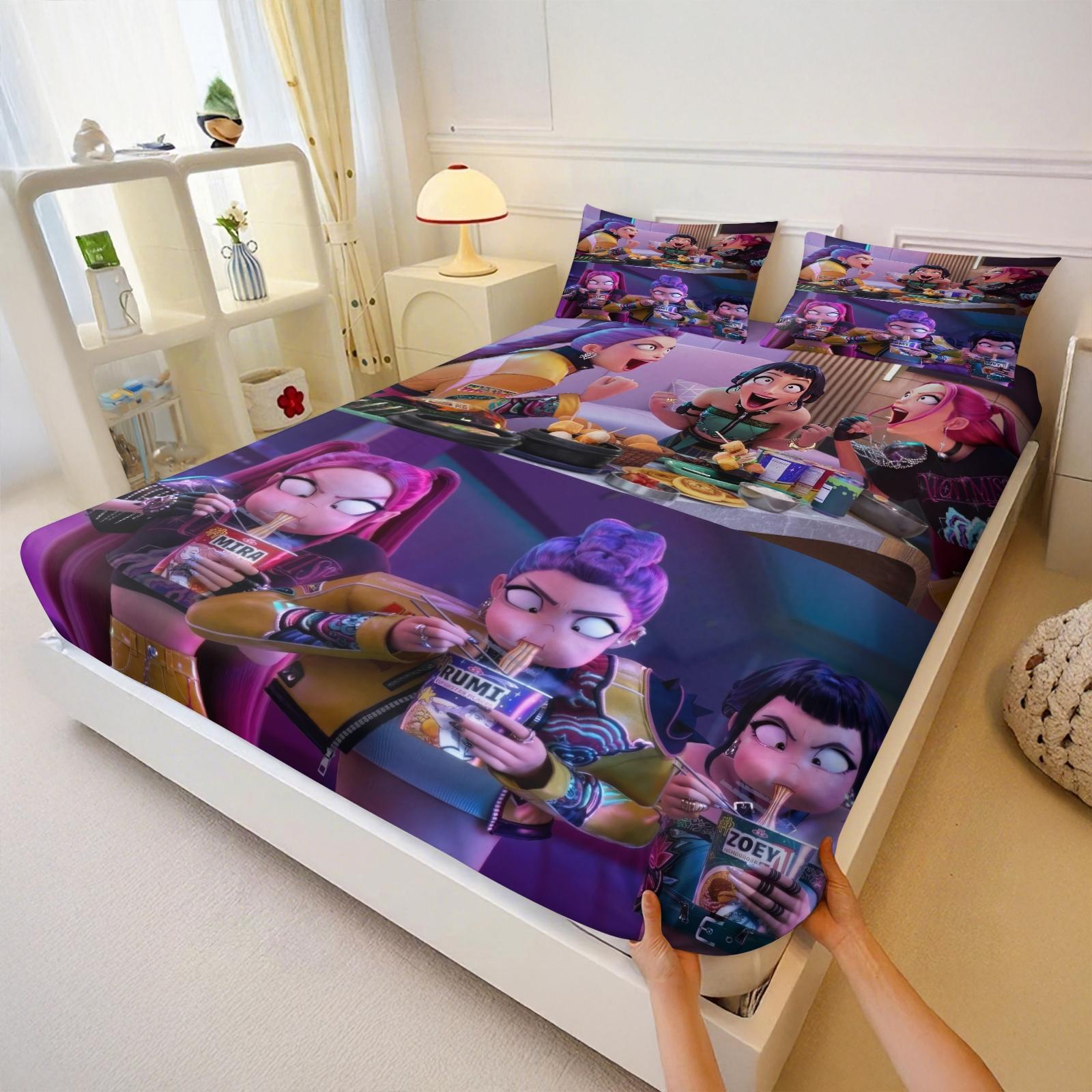 Kpop Girl Group Casual Style Bed Sheet Set, Anti-Slip Anime Idol Themed Mattress Covers, Fashionable Home Decor Accessories