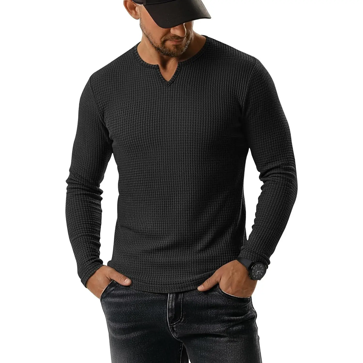 Men's Waffle V Neck Shirt Long Sleeve Thermal Pullover Top Casual Stretch Lightweight Undershirt