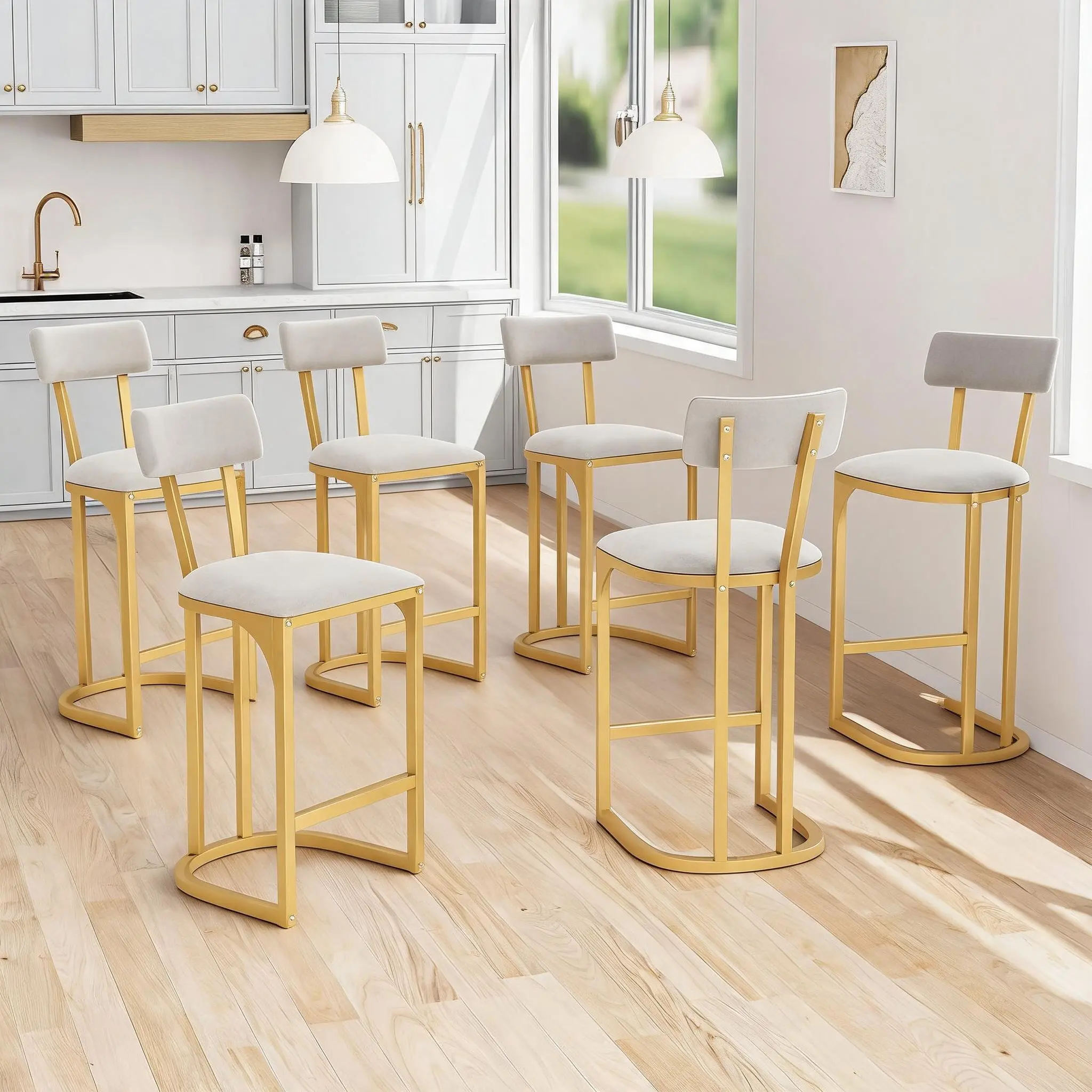 Modern High Back Bar Stools Set of 6 – White Velvet Upholstered Counter Chairs with Gold Metal Legs – Soft Padded Kitchen Island Seating for Home Bar