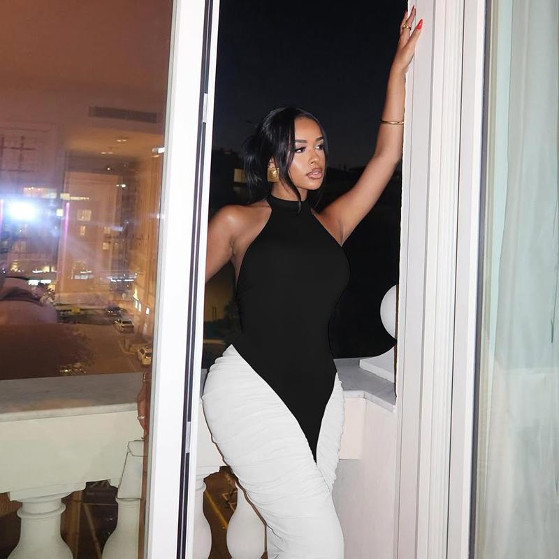 Women Summer Sexy Party Club Evening Halter Colorblock Backless Bodycon Long Dress Bodycon Dresses