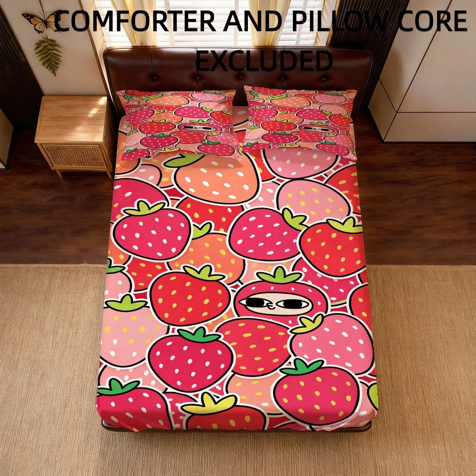 Cute Cartoon Strawberry Print Fitted Sheet Set, Deep Pocket Design, 1 Fitted Sheet And 2 Pillowcases, No Pillow Inserts, Fruit Pattern Bedding For Adult Bedroom