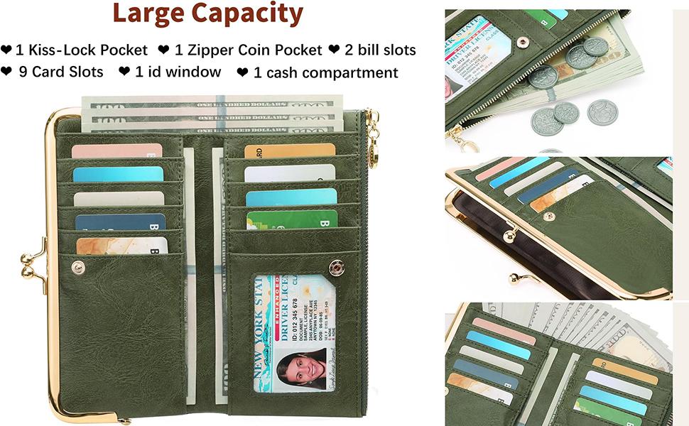 Elegant Vintage Bifold Wallet for Women, Travel Minimalist Long Purse with Kiss Lock Closure Green Zipper Pouch Multiple Card Slots ID Window Secure Organizer