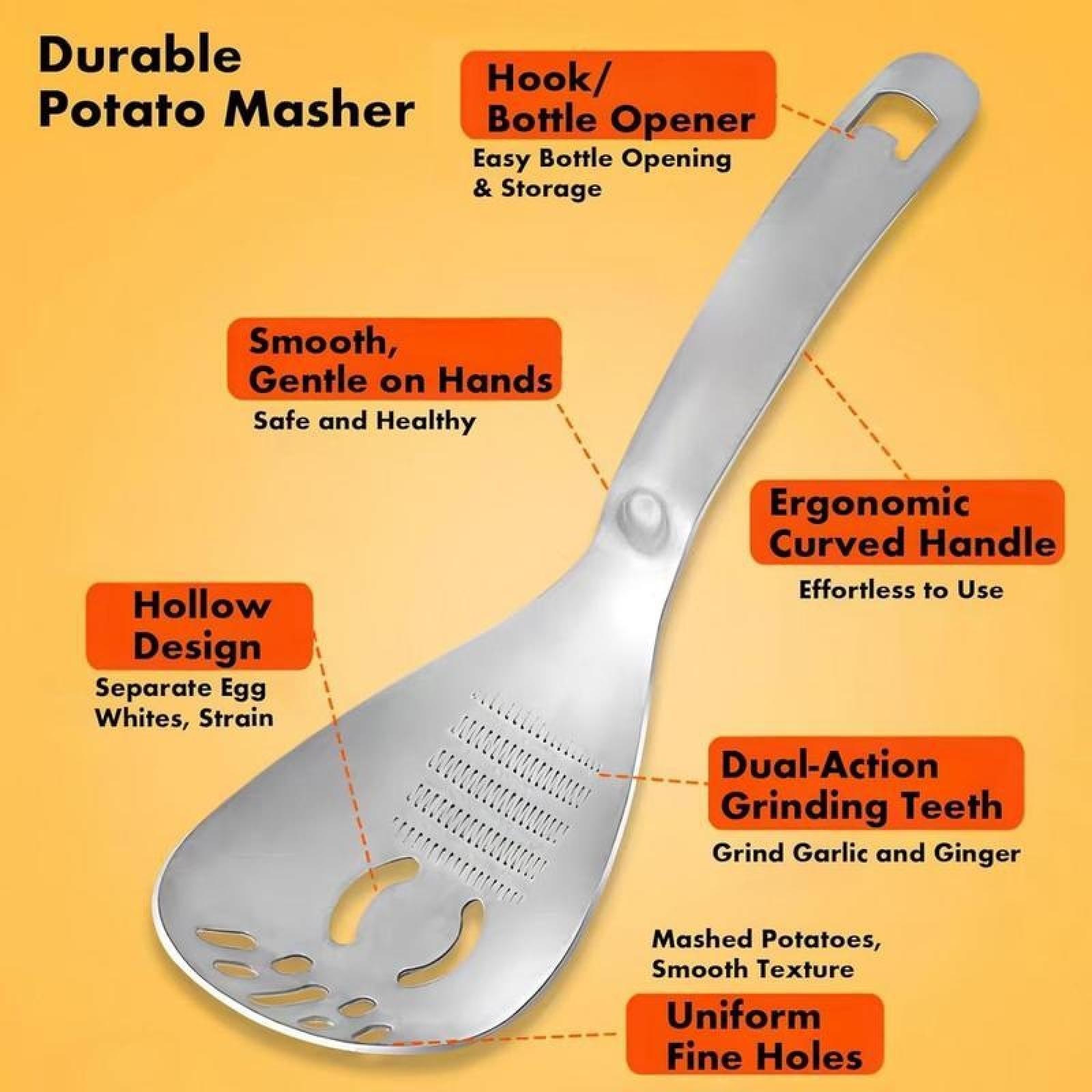 Heavy Duty Food Grade Stainless Steel--Multifunctional Potato Masher with Slotted Spoon & Raw Egg Separator, Durable Kitchen Gadget for Mashing Potatoes,Vegetables,Avocados& Beans, Easy Clean & Dishwasher Safe.