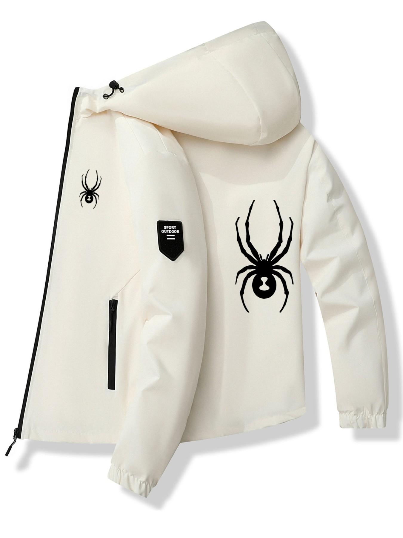 Bold Spider Print Hooded Jacket, Polyester Fabric, Stylish Spider Design, Casual Slim Fit, Spring & Fall Fashion Outerwear