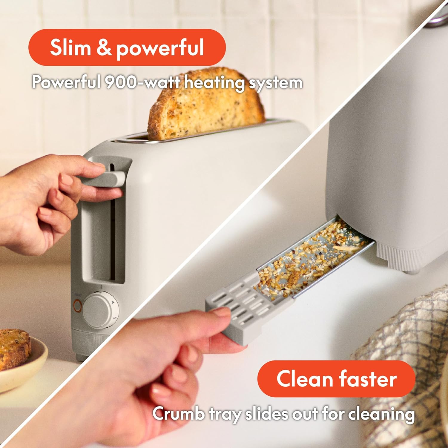 2 Slice Slim Toaster, Fits-anywhere™ Kitchenware, 6 Setting Shade Control with Reheat & Cancel Buttons, Fits sourdough, 10" Long Slot, Anti Jam & Auto Shutoff, 900 Watt, Oatmilk