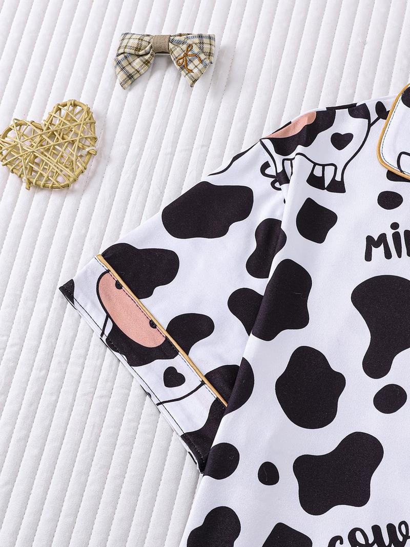 2-Piece Women's Set: White Base with Full Cow Print Cartoon Cow Design Short Sleeve Shorts Soft Comfortable Top with Small Pockets Notch Lapel Design Button Closure Elastic Waistband Suitable for All Seasons Home Daily Casual Pajama Set