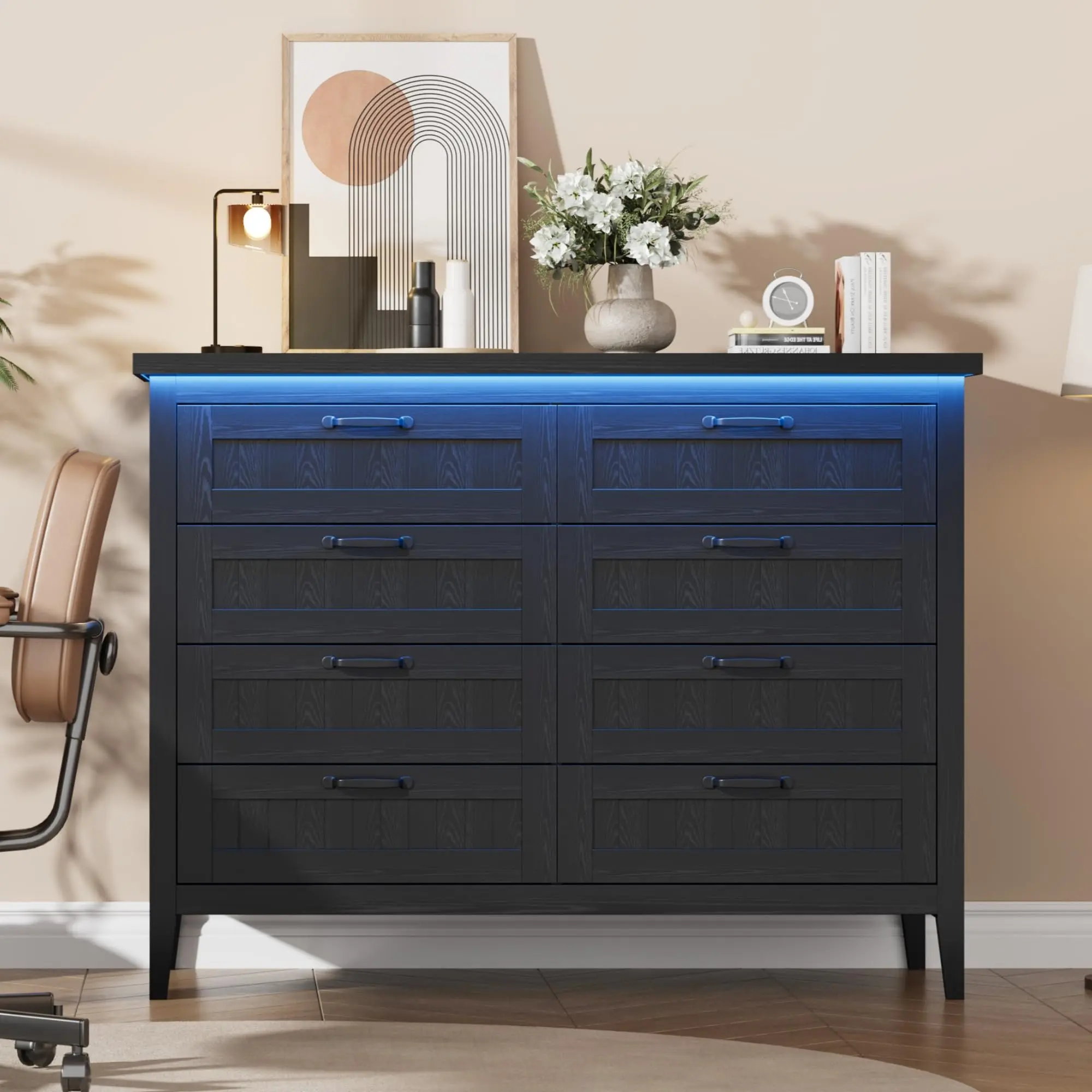 6/8 Drawer Dresser with Power Outlet Black Dresser with LED Light Modern Chest of Drawers for Closet, Double Wide Drawer Organizer Cabinet for Bedroom Living Room