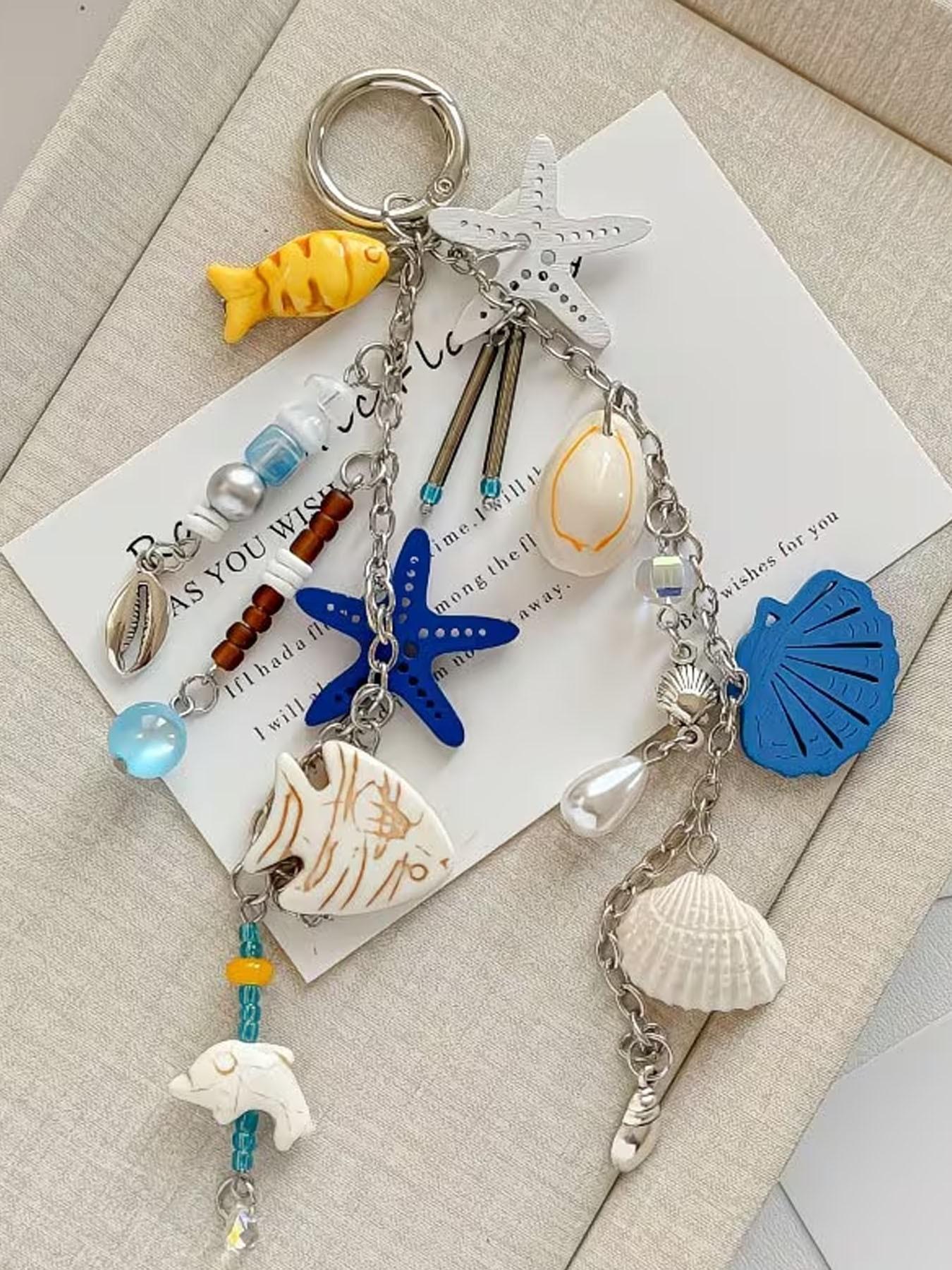 1pc New Starfish Keychain, Ocean Style Multi-Charm Keychain, Starfish Shell Fish-Shaped Beaded Combination, Full of Atmosphere, Versatile And Practical, Niche High-End Vacation Style Bag Charm, Ocean Series Ornaments