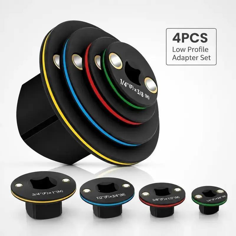 4PCS Cr-Mo Steel Low Profile Impact Socket Adapter Set, Multi-Size Stubby Drive Reducer: 1/4"-3/8", 3/8"-1/2", 1/2"-3/4", 3/4"-1", Magnetic Lock Ratchet Converter Kit, Heavy Duty for Narrow Space Repair Work