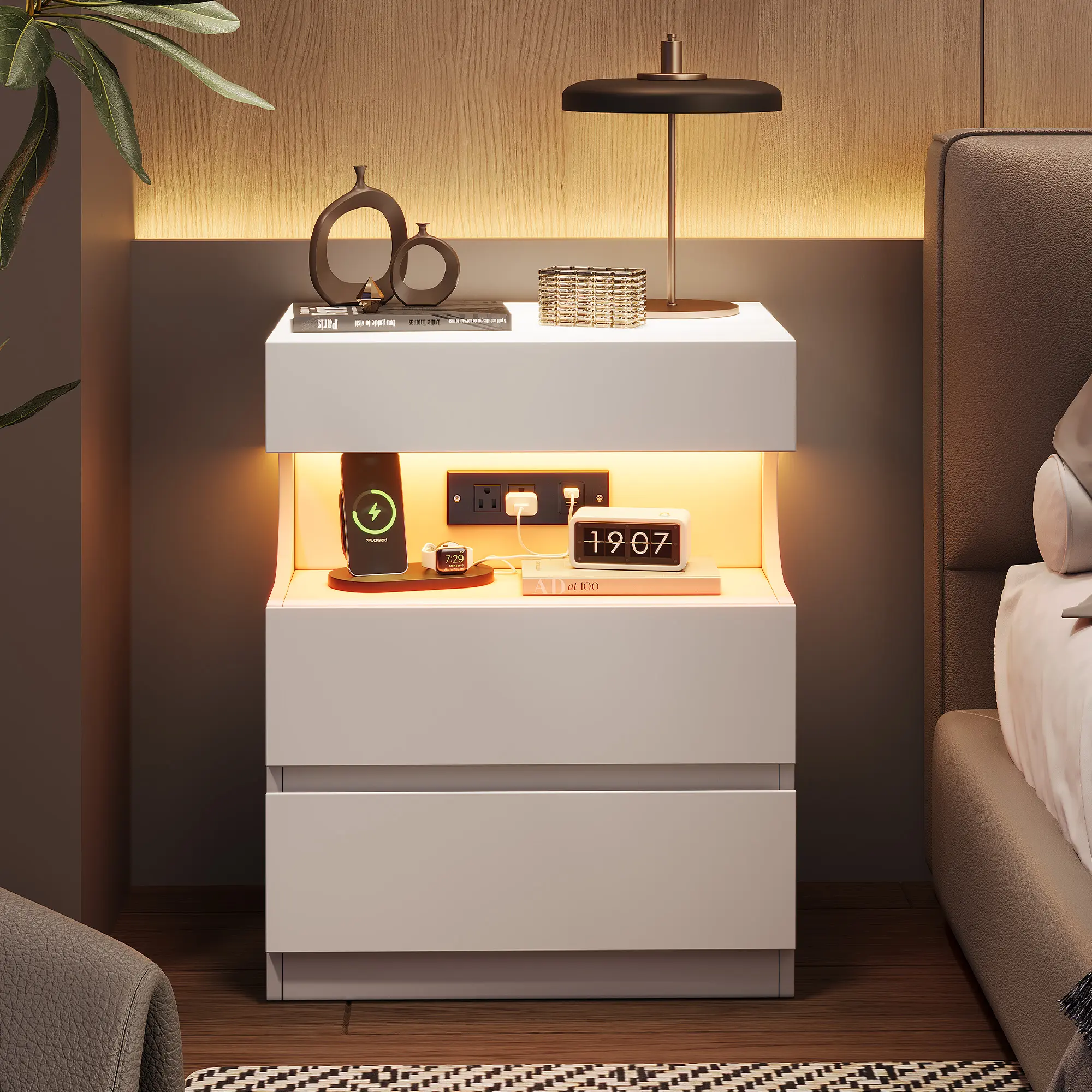 Smart Bedside Cabinet with App-Controlled LED Lights, Charging Station, Drawers, Open Shelf, USB & AC Outlets – Bedroom Nightstand Furniture