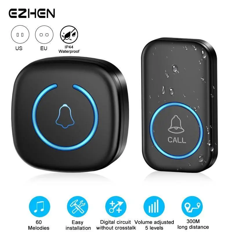 Wireless Intelligent Doorbell for Home Users, 300M/984FT Remote Range, 60 Melodies, US/EU/UK Plugs Optional, Us/Eu Plugs