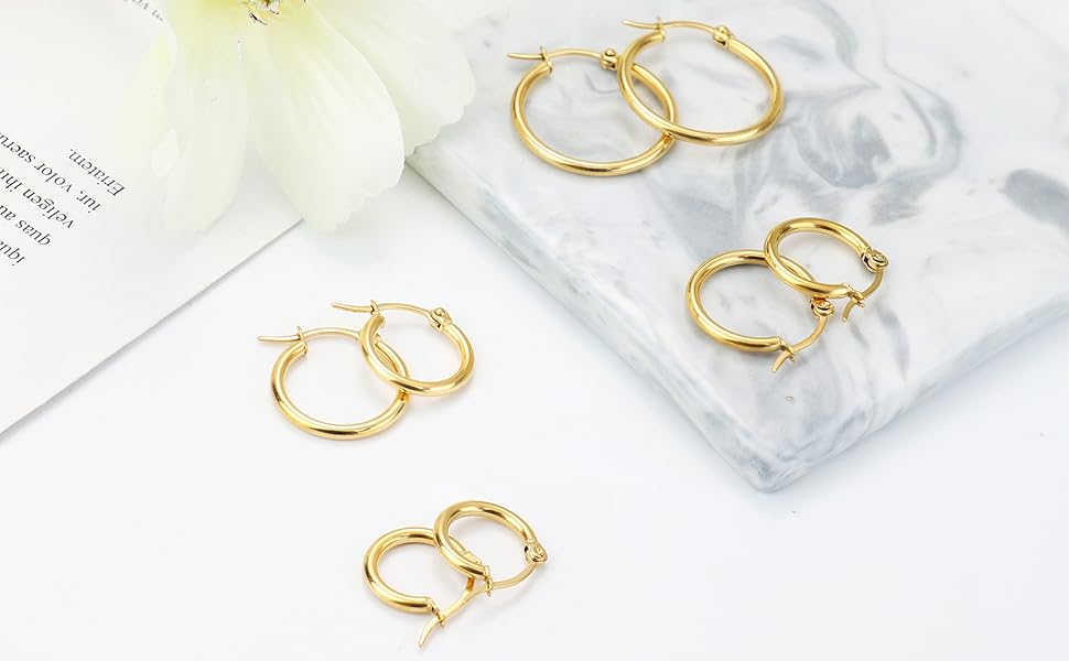 LOYALLOOK Gold Hoop Earrings Set Stainless Steel Rounded Small Hoop Earrings Set for Women Cute Huggie Earrings Nickel Free 10/12/15/20MM