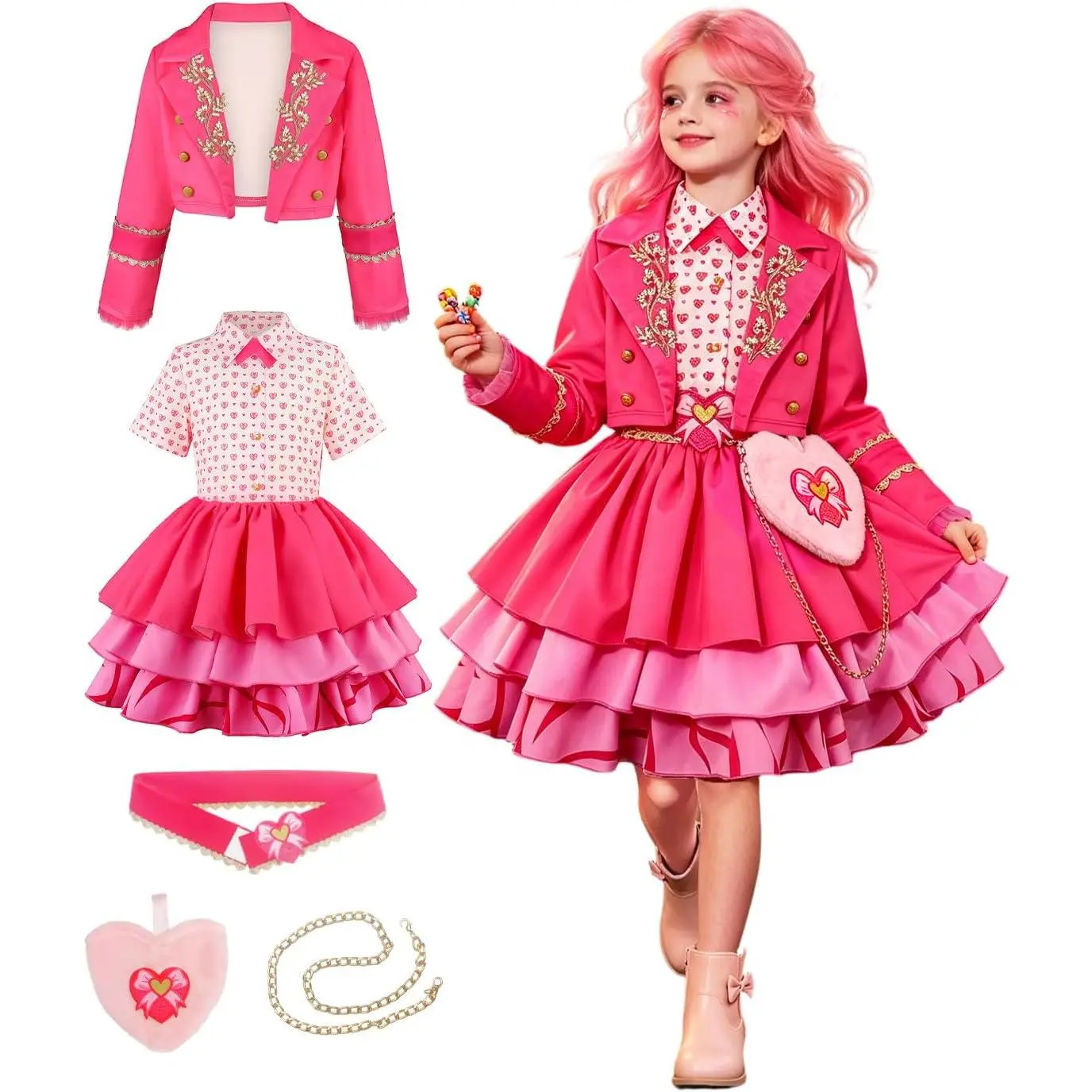 Girls Pink Princess Dress Rise of Red Costumes for Kids Cosplay5-10Y | Girls Pink Costume Contains Coat, Dress, Waist Belt, Heart Bag And Chain For Cosplay Halloween Christmas Birthday Party