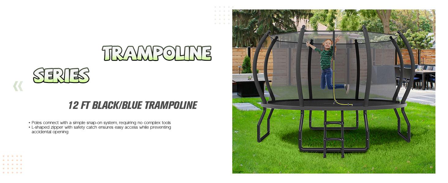 VanAcc 8FT 10FT 12FT 15FT 14FT 16FT Outdoor Trampoline with Enclosure Net and Ladder, Recreational Trampolines for Kids and Adults, Quick Connect Frame, ASTM Approval