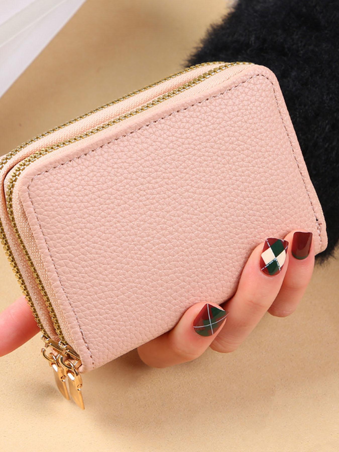 Women's Black Quilted Short Wallet, Slim Bi-Fold Card Holder, Zippered Coin Pocket, Simple Wallet