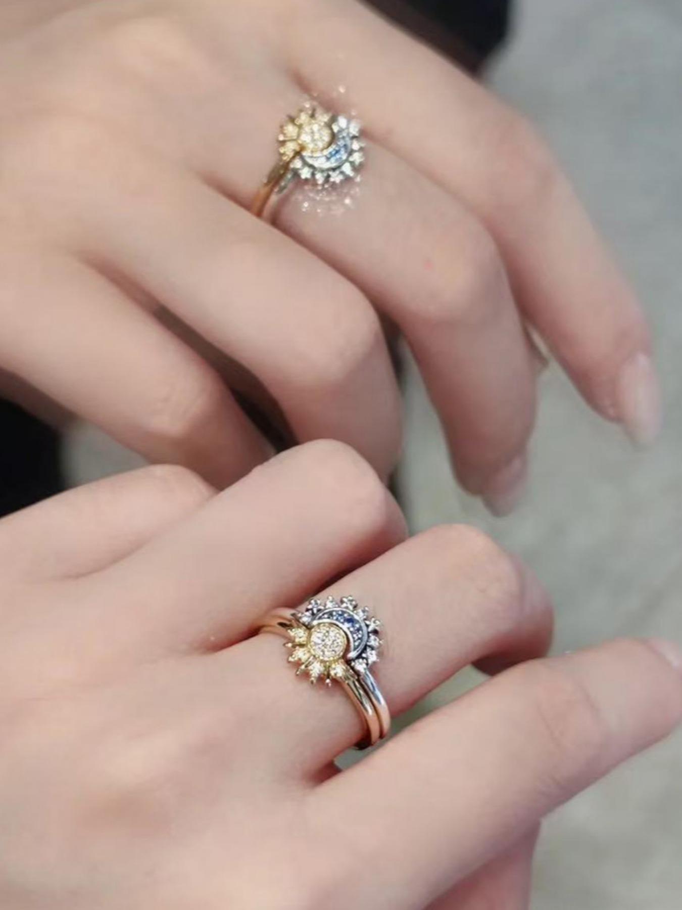Sun Moon Day Night Star Ring Set Couple Stackable High-End Fashion Jewelry, Perfect for Parties, Daily Wear, Holiday Gifts