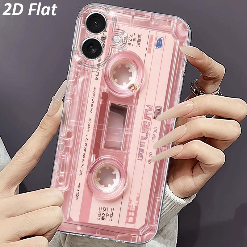 Phone Case: 2D Flat Cassette Tape Pink Transparent Phone Case, Suitable for iPhone 17 Air 16 15 14 13 12 11 Pro Max X XS XR XSMAX 7 8 6 6S Plus 16E, Creative TPU Durable Drop-Proof Transparent Protective Phone Cover, 2D Flat