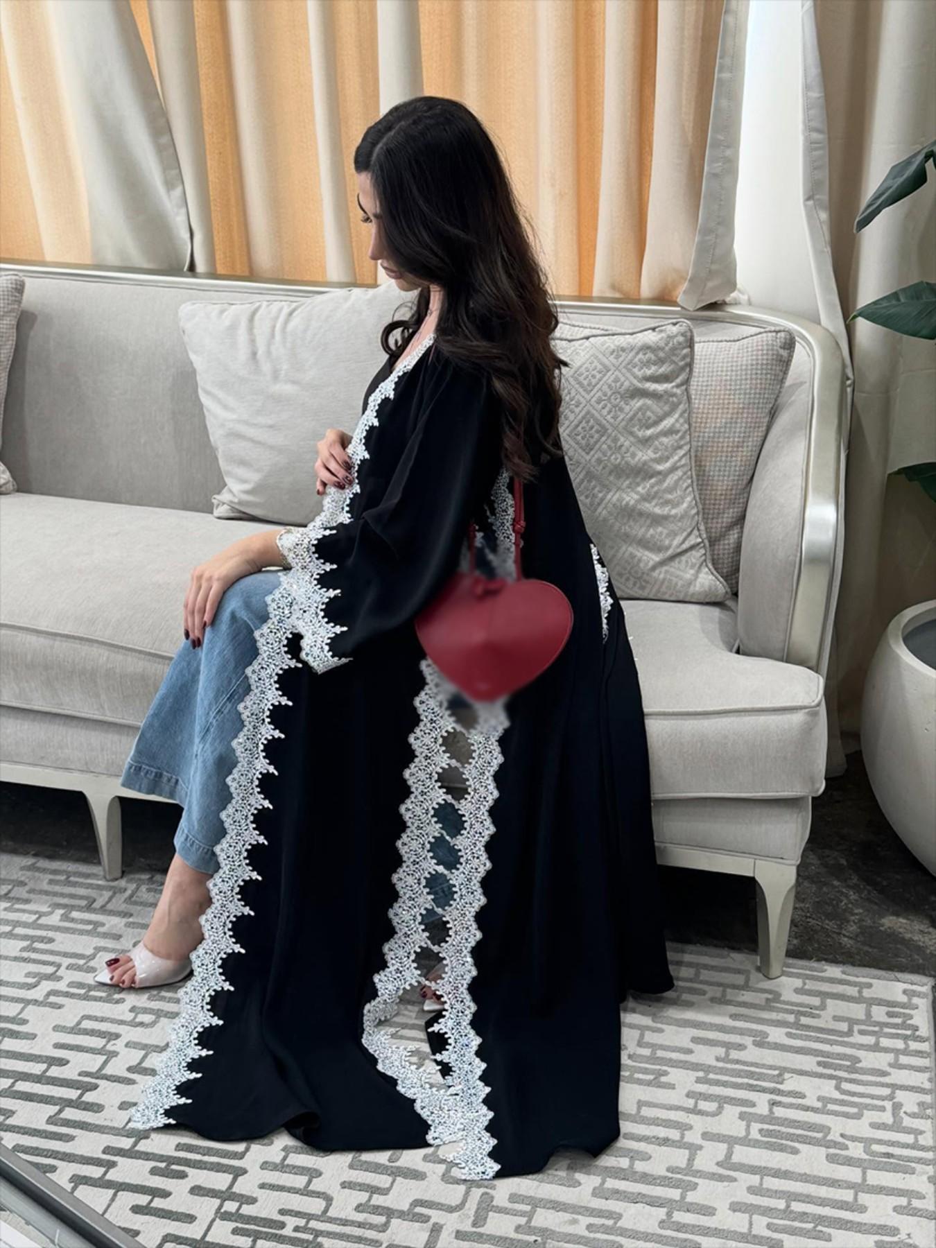 Hafizah French Lace Trim Long Sleeve Oversize Loose Fit Cardigan, Casual Drop Shoulder Outerwear for All Seasons, Chic Office Style Women's Daily Wear Jacket Everyday