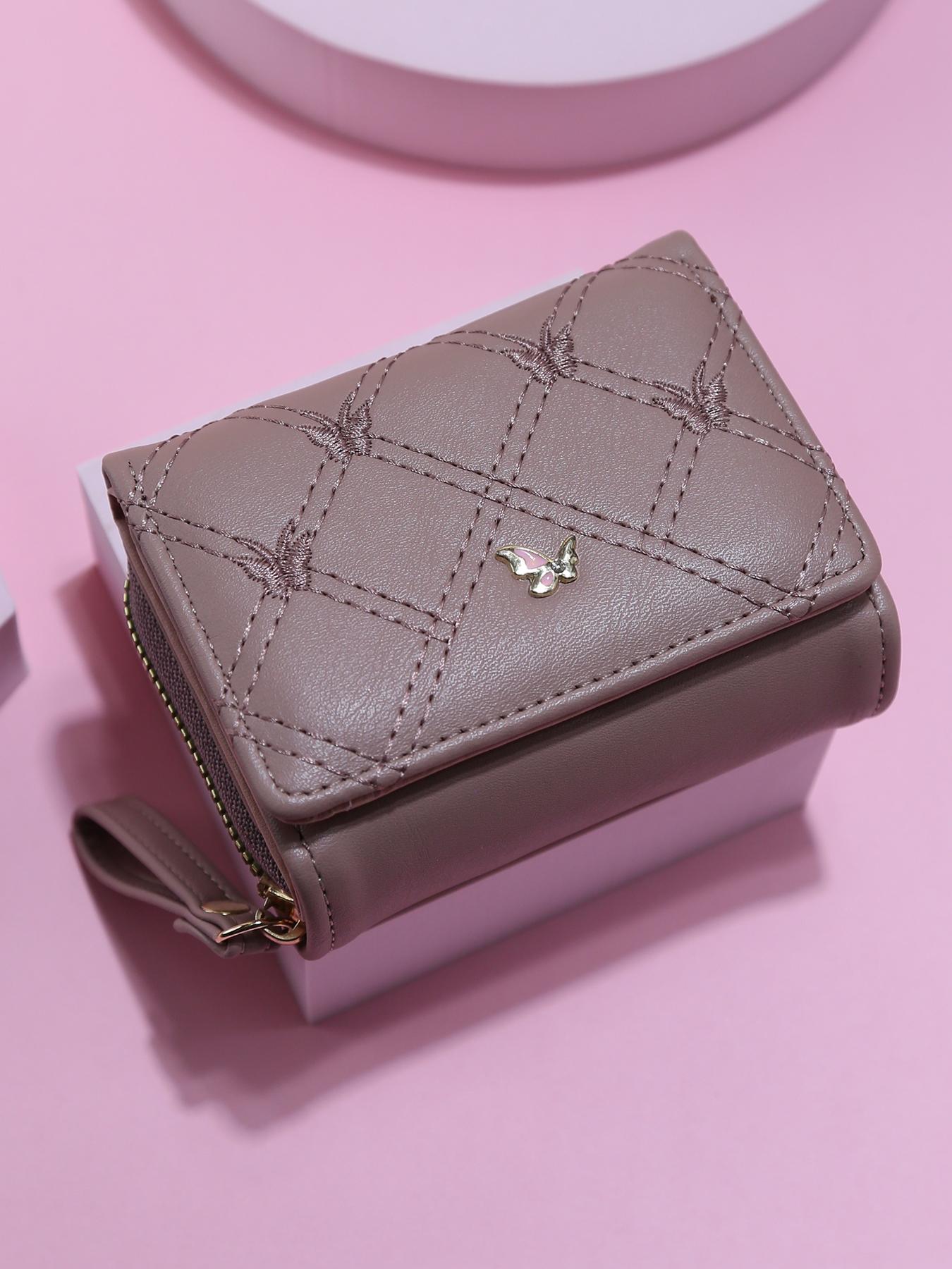 Trendy Mini Soft Leather Wallet for Women, Diamond Pattern Butterfly Metal Decoration, Multi-Card Slot ID Holder Handbag Portable Coin Purse