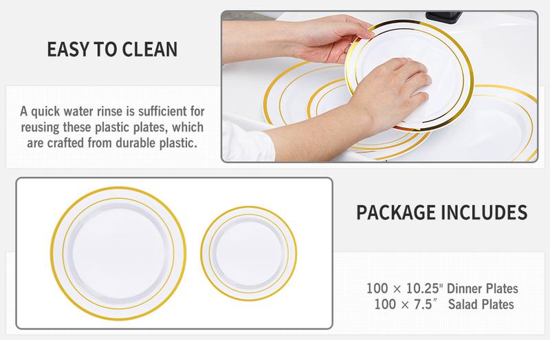 Goodluck 200PCS Gold Plastic Plates Heavy Duty Disposable BPA-Free Thick Plates for Parties Weddings Holidays & More 100 Dinner 100 Salad Dessert Plates Gold-trimmed Elegant Design