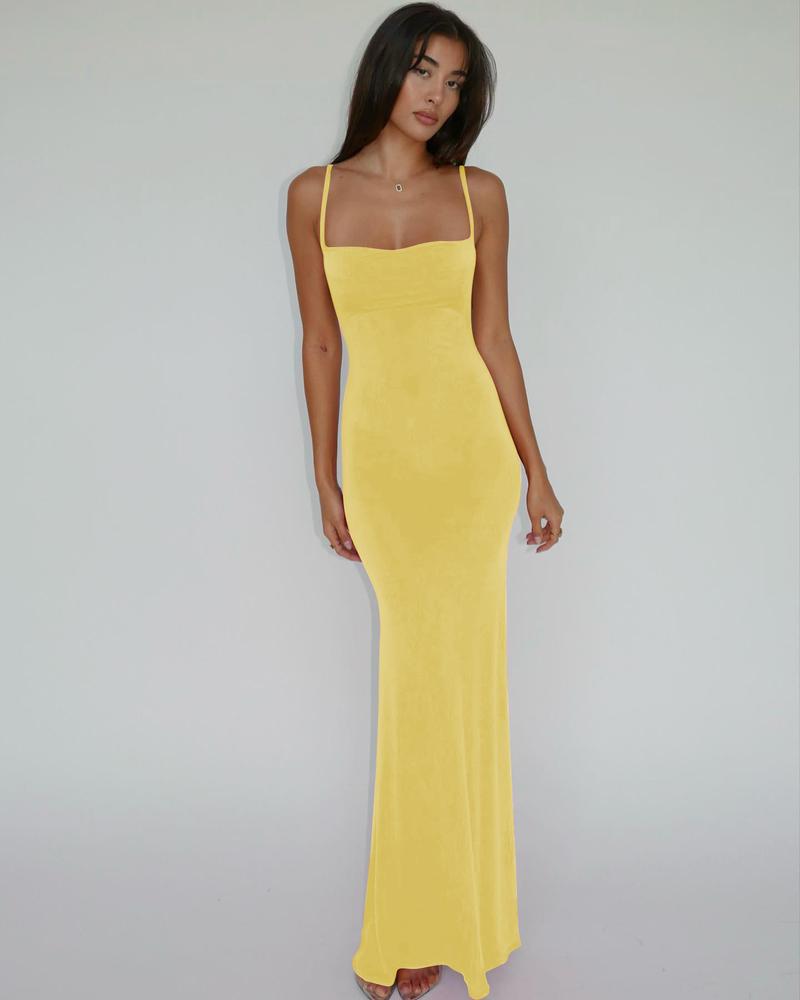 Women's Solid Spaghetti Strap Backless Bodycon Cami Maxi Dress Sleeveless Long Dress for Party Club Elegant Casual Holiday Vacation Dresses