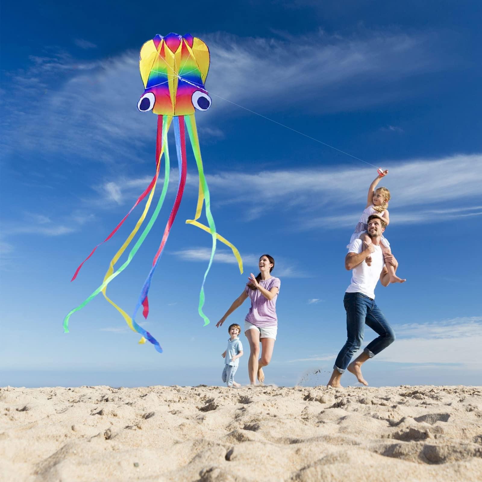 Huge Rainbow Soft Octopus Kite for Adults, Large Kite with Long Tail 100m Line and Handle, Great Gift for Boys Girls, Beach Trip Outdoor Game