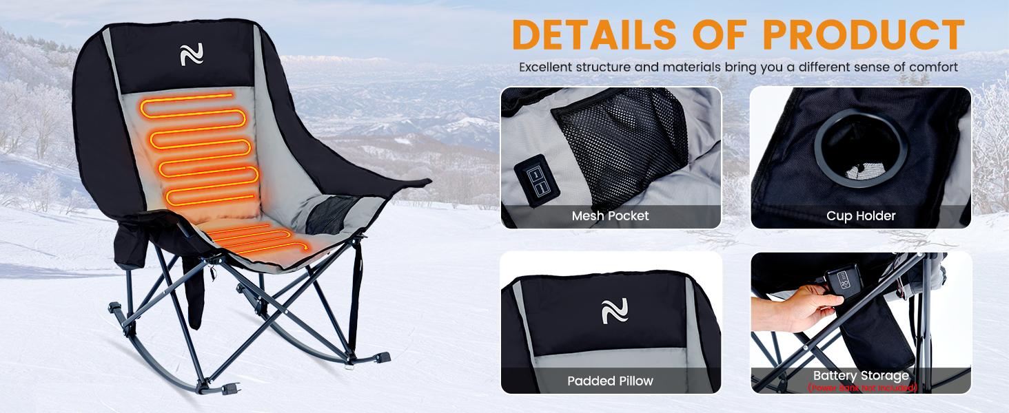 SLSY Oversized Heated Rocking Camping Chair, Outdoor Rocker Padded Recliner Folding Lawn Chaise, with Side Pockets & Carry Bag for Patio Backyard, Power bank not included