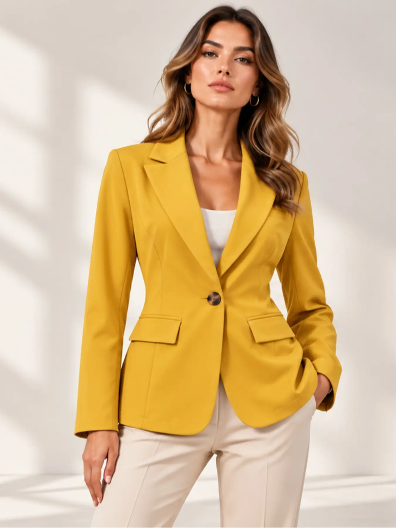Women Single Button Blazer, Long Sleeve Notch Lapel, Flap Pockets, Relaxed Loose Fit, Casual Daily Vintage, Stylish Jacket