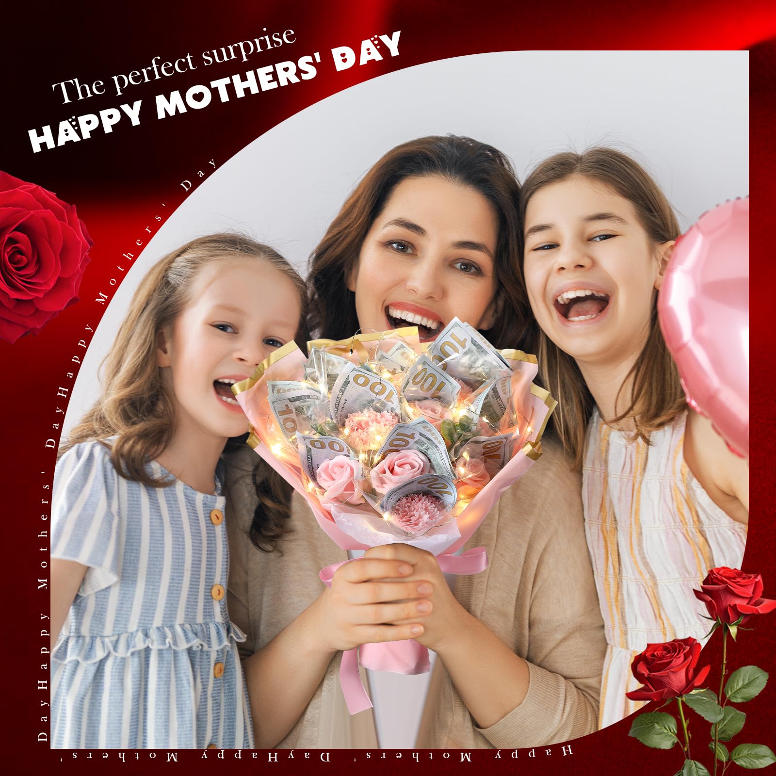 Birthday Gift Money Flower Bouquet Cash Rose Artificial Bouquet Money Bouquet Kit for Cash Gift Pink Money Bouquet Flowers with Bag LED Light String Card for Birthday Party Anniversary  Weddig Gift for Women Girlfriend  (money not included)