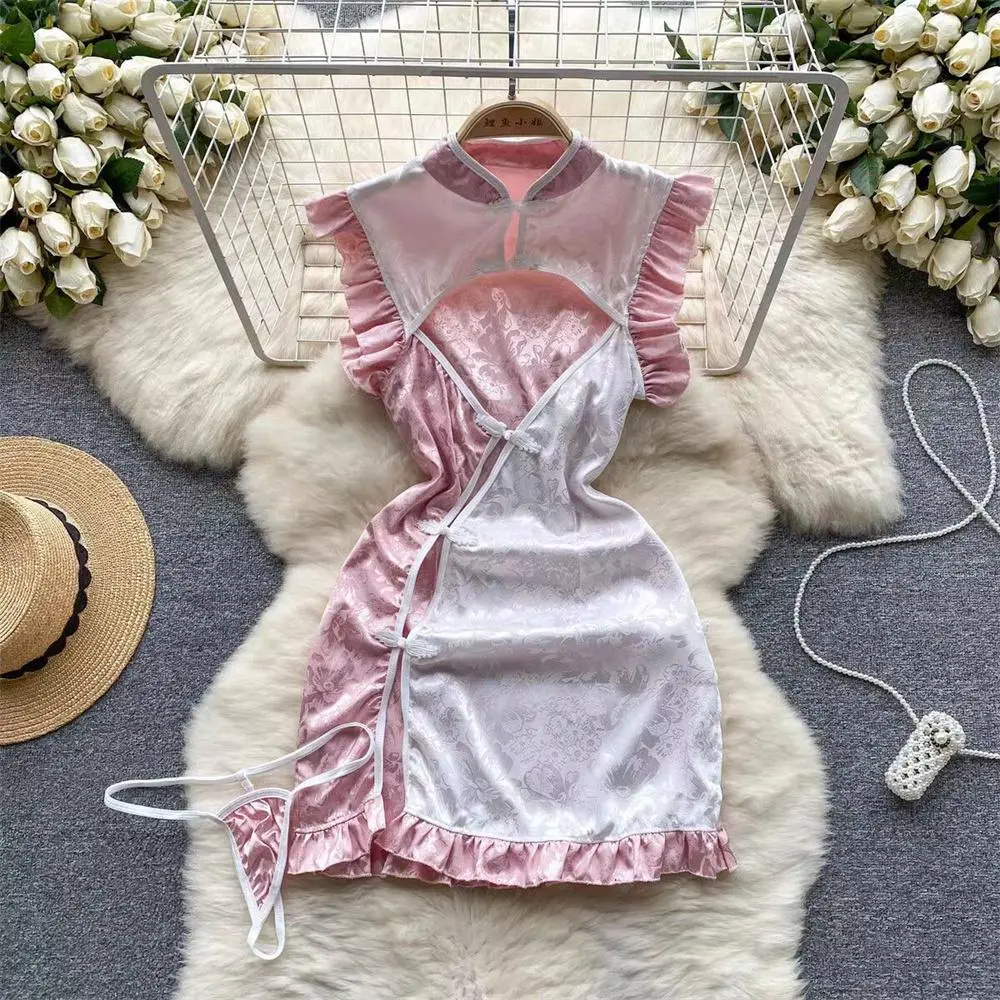 Chinese Cheongsam Asymmetrical Side Slit Flying Sleeve Mini Dress Contrasting Color Hollow Print Slim Sexy Women Pajama Sweet