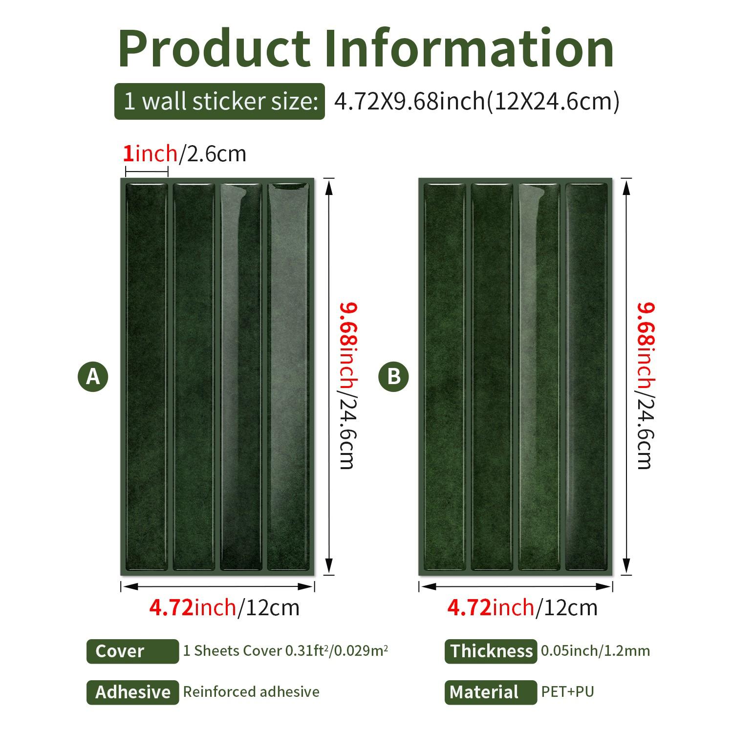 3D Emerald Vertical Stripe Self-Adhesive Wall Sticker, Waterproof Impact-Resistant Soundproof, Kitchen Backsplash Renovation, French Vintage DIY Decor