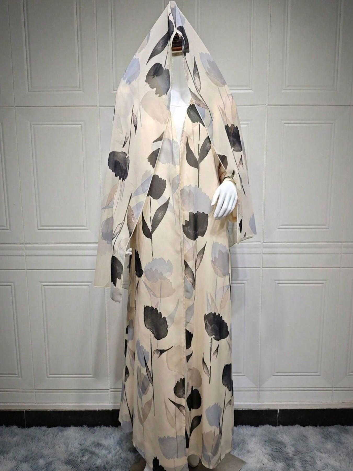 Hafizah Women's Floral Print Long Cardigan Matching Set with Scarf, Loose-Fit Outerwear Clothes for All Seasons, Elegant Casual Fashion