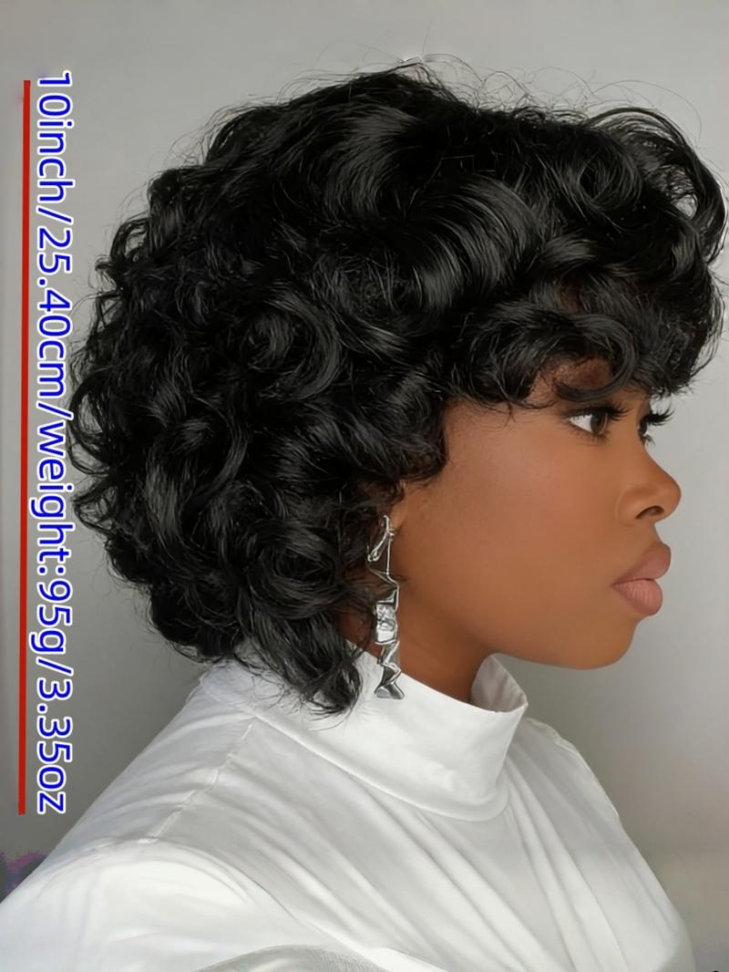 Women's Short Curly Bob Wig, 10-Inch Chicken Rolls Human Hair Elf with Bangs, Full Machine Made, 180% Density, Stylish & Versatile, Real Hair Wigs