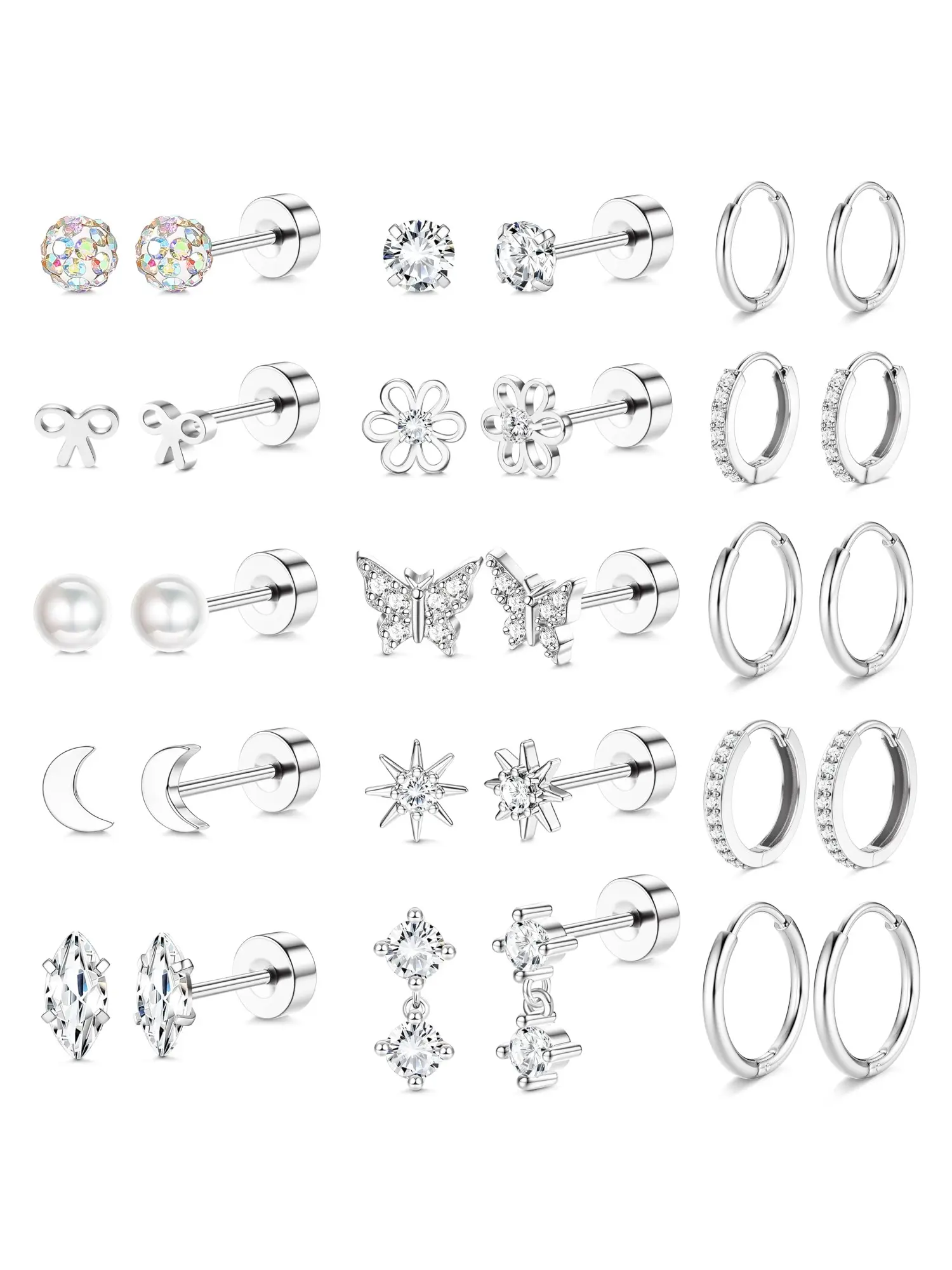 15pairs 14K Gold Plated Flat Back Earrings - Hypoallergenic Surgical Stainless Steel Stud Hoop Earrings for Women Girls Cute Stud Earring Set Small Huggie Hoops Cartilage Earring Stacks Stud Earrings Jewelry Earrings Studs