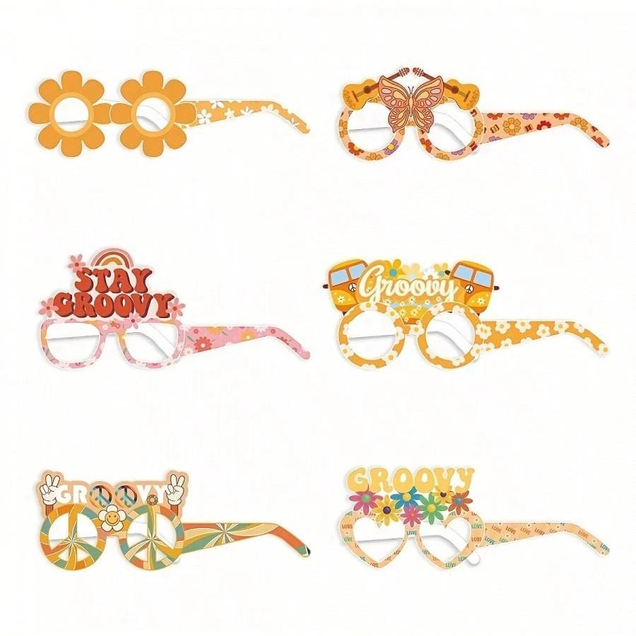 12 Pieces Hippie Theme Retro Paper Glasses, Fun Party Colorful Decorative Eyewear, Perfect for Birthday Vintage Party Decoration