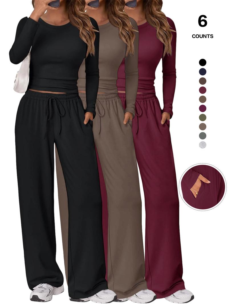 2026 Women's Two-Piece Loungewear Set, Soft Long-Sleeved Round-Neck Crop Top, Drawstring High-Waisted Wide-Leg Pants with Pockets