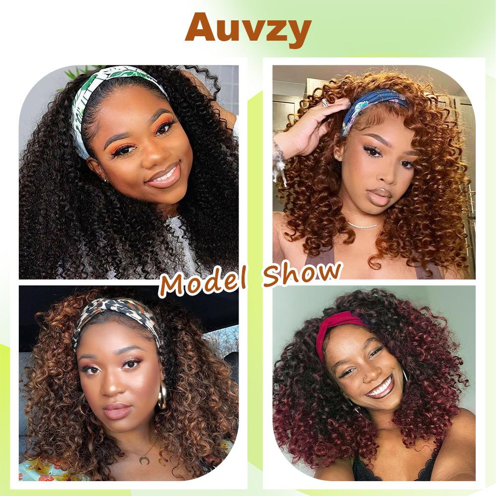 AuvzyHair 14inch HeadBand Wig Kinky Curly Wig For Women, Deep Wave Headband Wig Glueless Half Wigs Synthetic Hair Curly Headband Wig Ponytail Easy To Wear