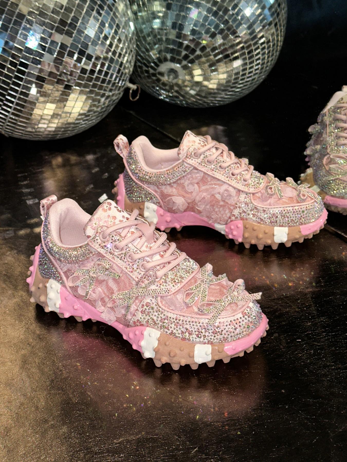 Sweet Cool Girl Style Rhinestone Lace Rose Bow Dad Shoes, Thick Rubber Sole Height Boost Slimming Anti-Slip Casual Streetwear Sports Shoes